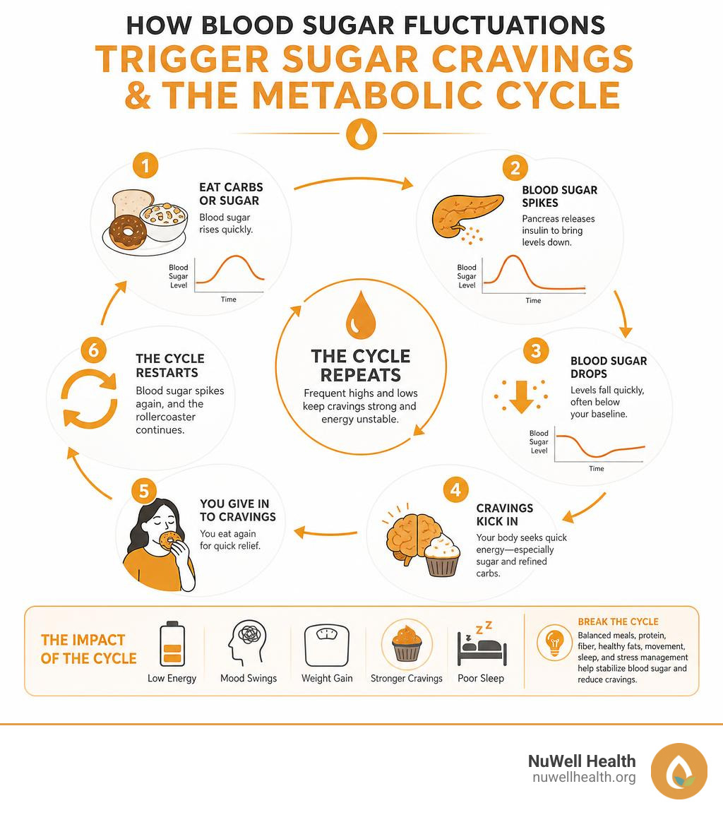 How blood sugar fluctuations trigger sugar cravings and the metabolic cycle infographic How blood sugar fluctuations trigger sugar cravings and the metabolic cycle infographic