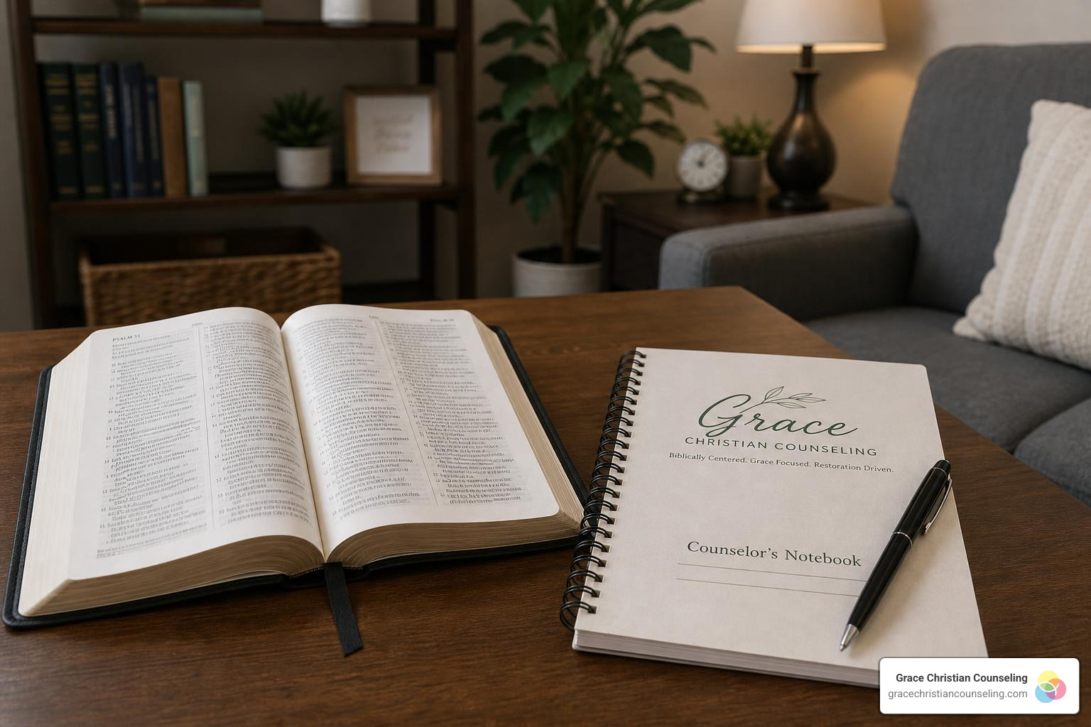 An open Bible next to a counselor's notebook in a warm clinical setting