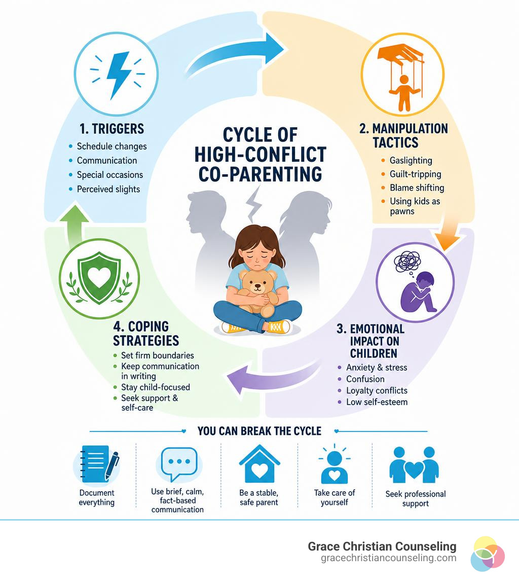 Cycle of high-conflict co-parenting showing triggers, manipulation tactics, emotional impact on children, and coping