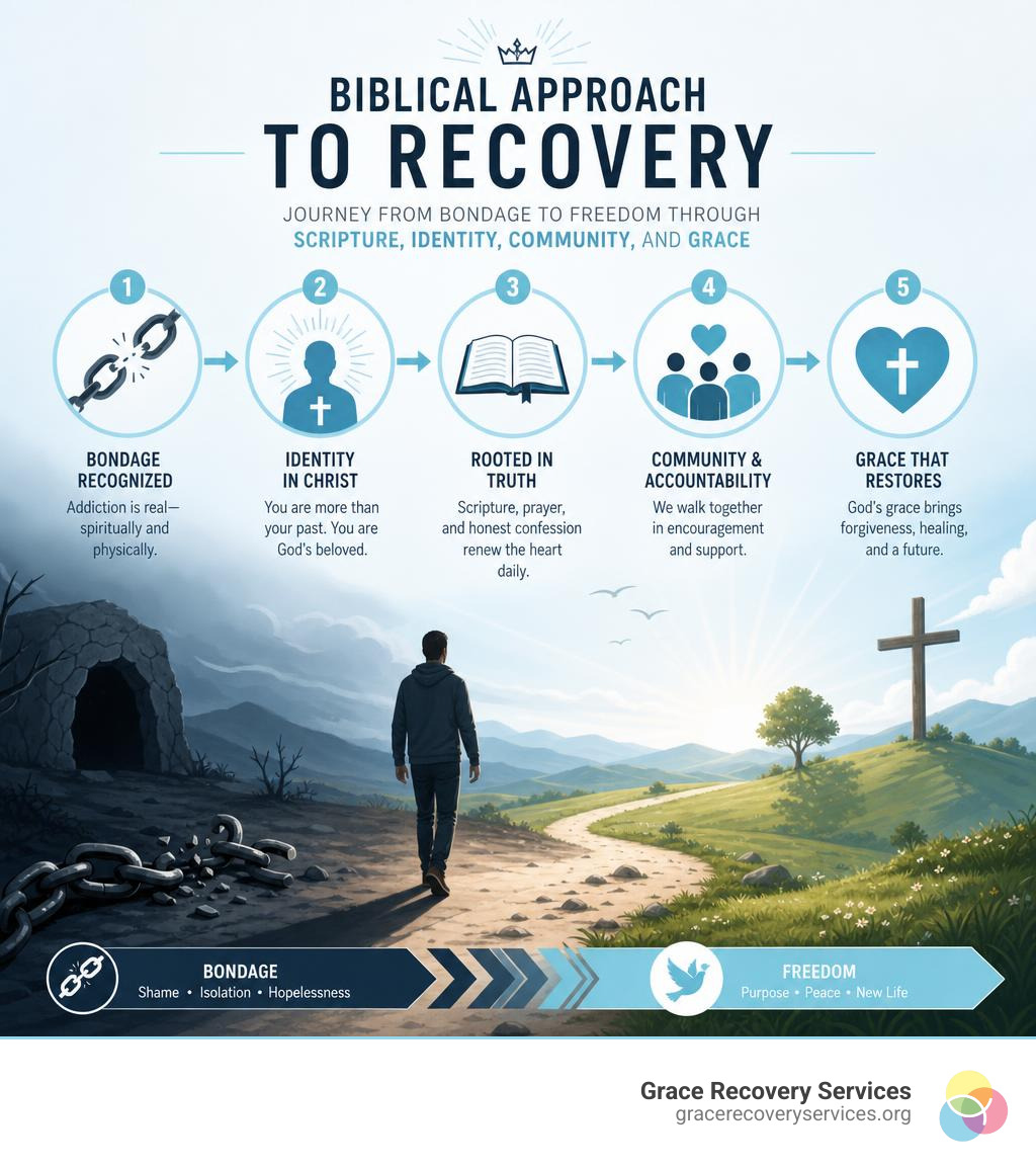 biblical approach to recovery: journey from bondage to freedom through Scripture, identity, community, and grace infographic