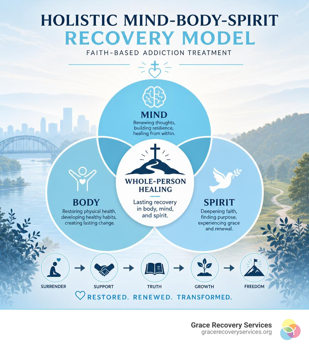 Holistic mind-body-spirit recovery model infographic for faith-based addiction treatment infographic Holistic mind-body-spirit recovery model infographic for faith-based addiction treatment infographic