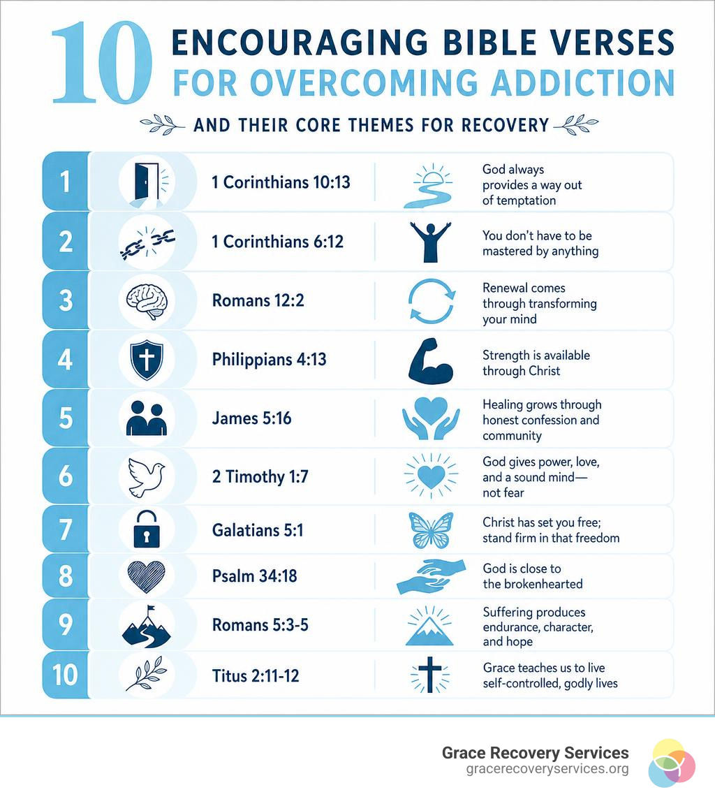 10 encouraging Bible verses for overcoming addiction and their core themes for recovery infographic 10 encouraging Bible verses for overcoming addiction and their core themes for recovery infographic