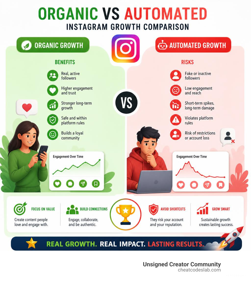 Organic vs automated Instagram growth comparison infographic showing risks and benefits infographic