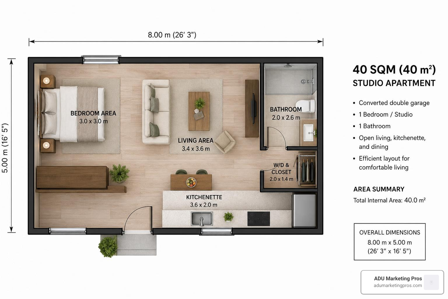 Floor plan diagram of a 40m&sup2; double garage converted into a highly functional one-bedroom studio apartment