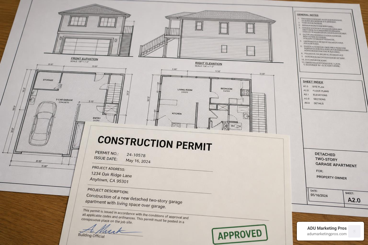 A construction permit document overlaying a blueprint of a detached garage apartment