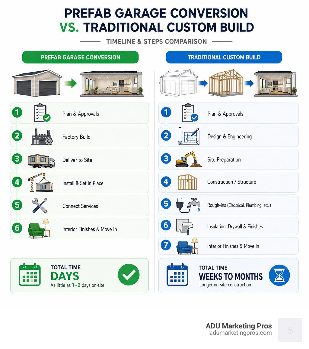 Flowchart comparing timeline and steps of a prefab garage conversion versus a traditional custom build infographic