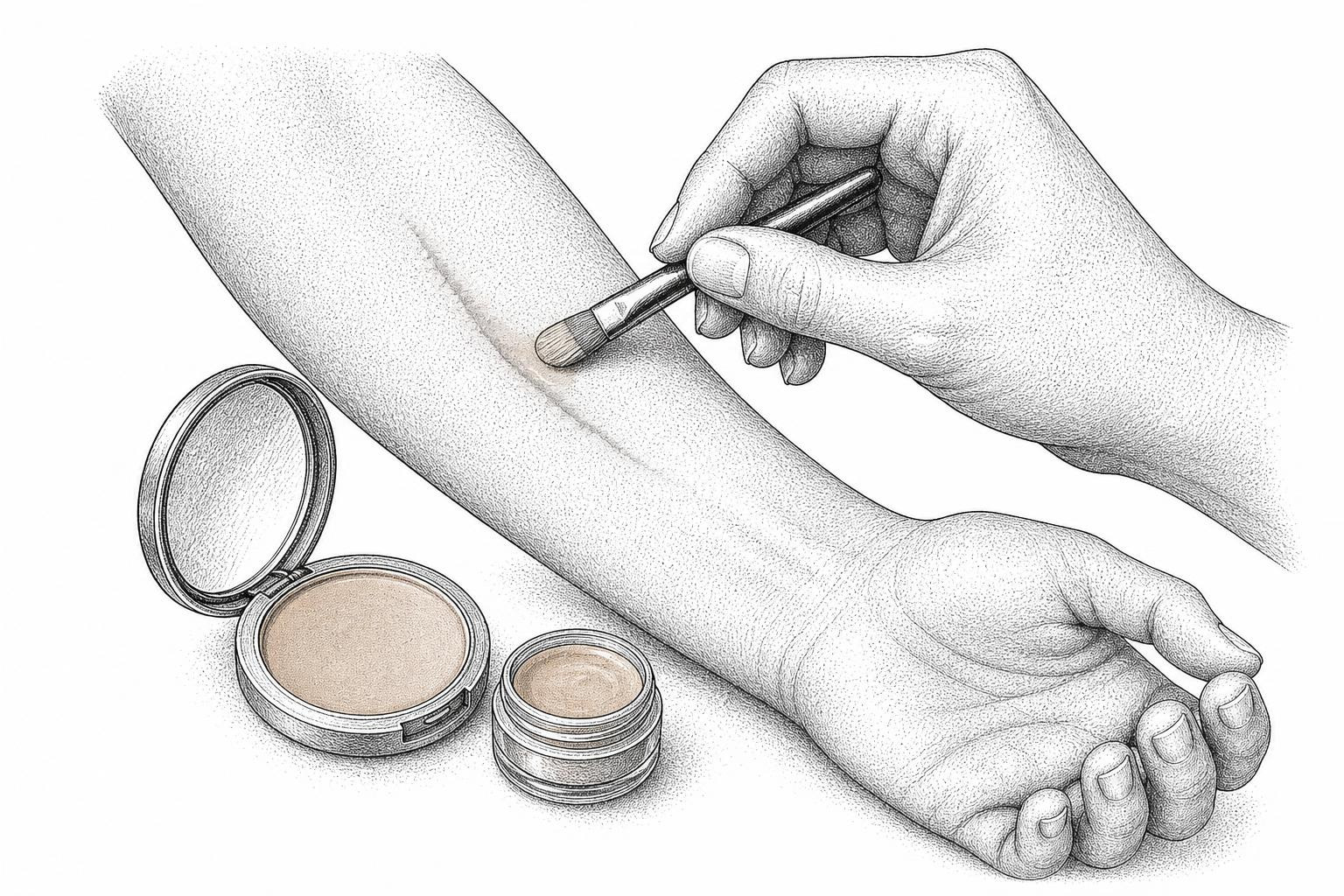 Color-correcting camouflage makeup being applied to conceal a facial scar with a makeup sponge