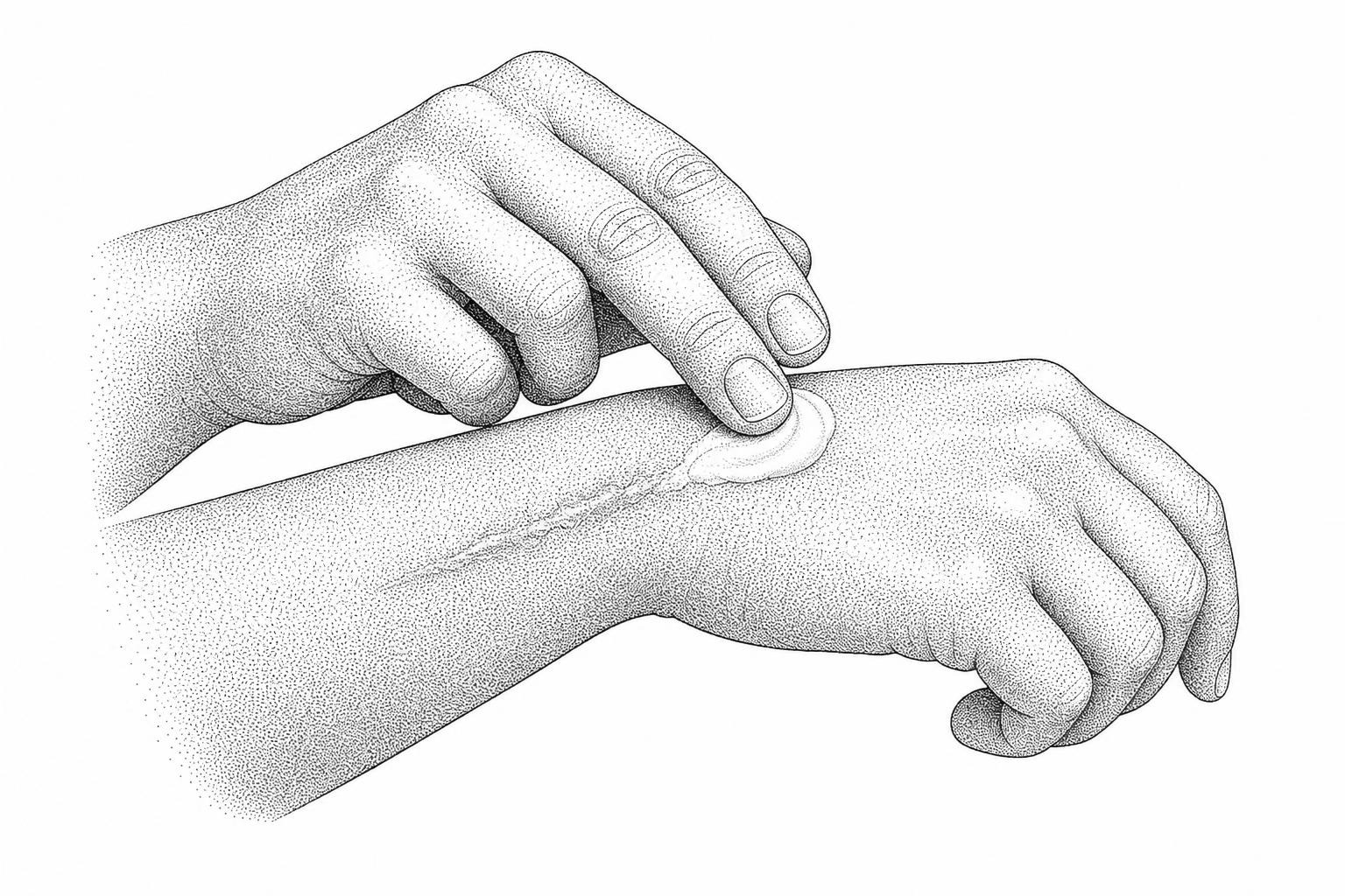 stippled illustration of hands applying cosmetic cream to skin