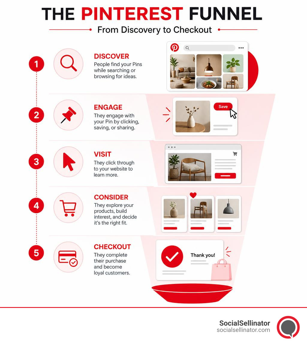 Alt Text: An infographic detailing the multi-step Pinterest funnel from initial discovery to final checkout; Metadata: Width Alt Text: An infographic detailing the multi-step Pinterest funnel from initial discovery to final checkout; Metadata: Width