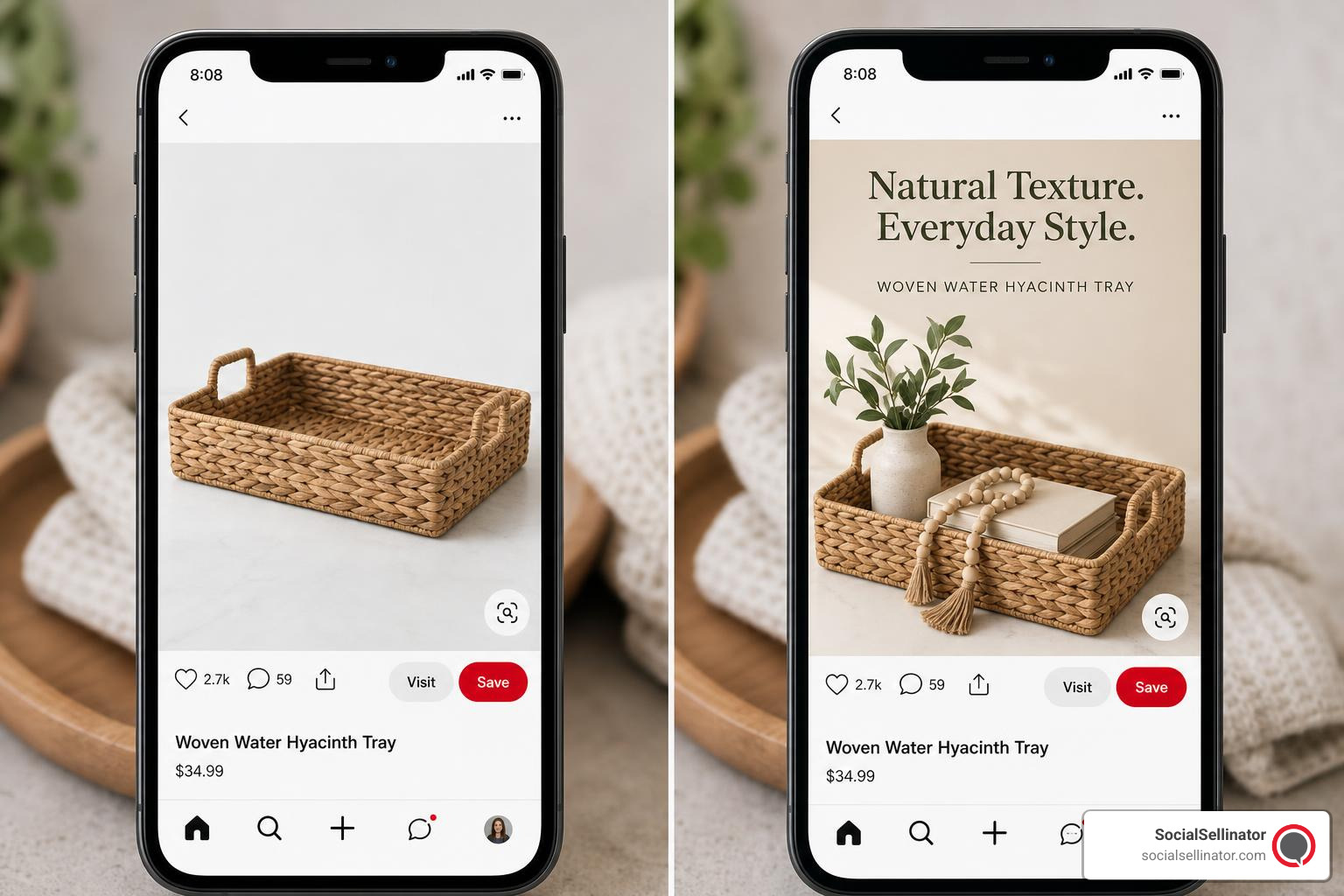 Alt Text: A split-screen image showing a standard product Pin versus an optimized Pin with text overlay and clear branding Alt Text: A split-screen image showing a standard product Pin versus an optimized Pin with text overlay and clear branding