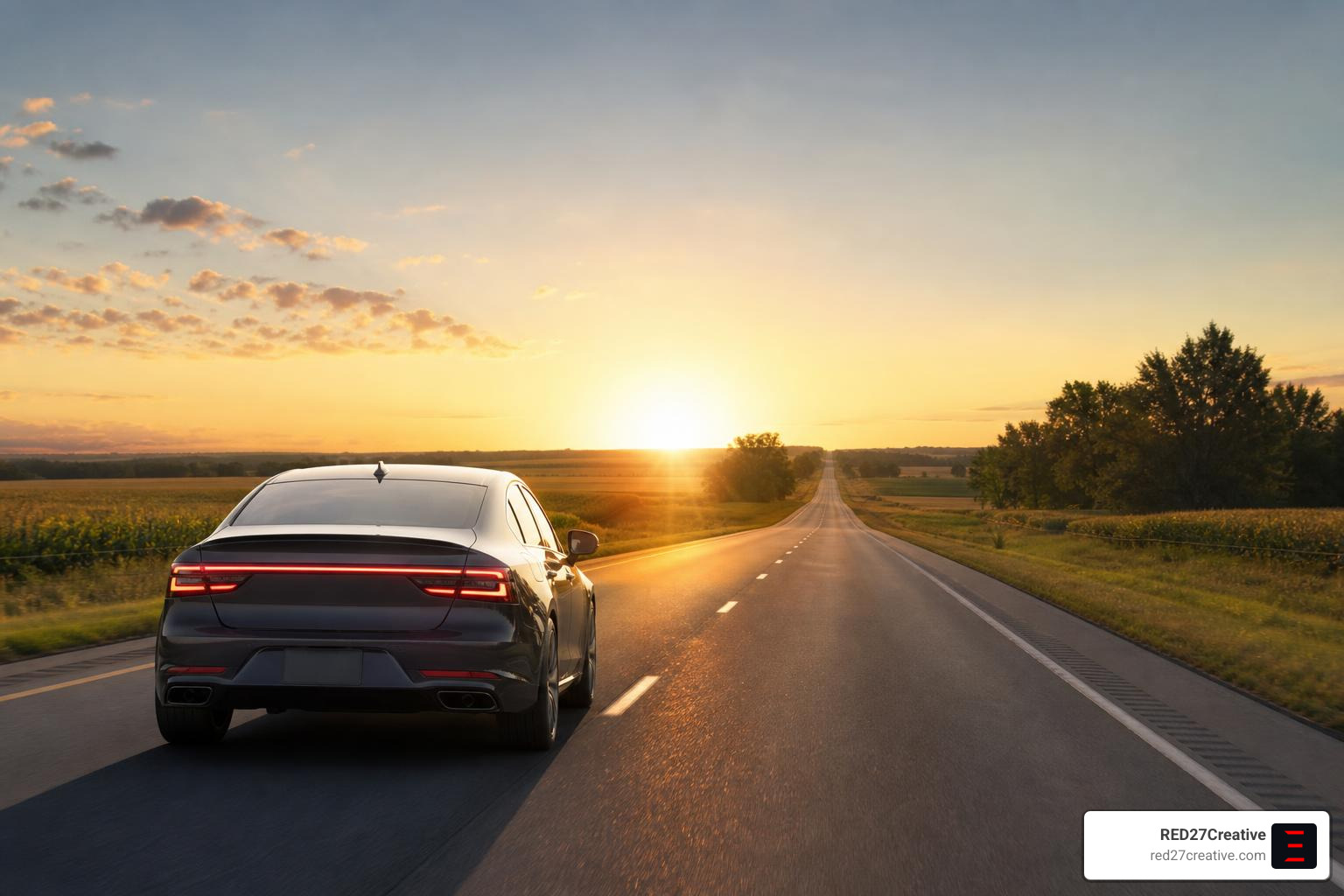 A sleek modern car driving along a scenic Illinois highway toward a bright digital horizon A sleek modern car driving along a scenic Illinois highway toward a bright digital horizon