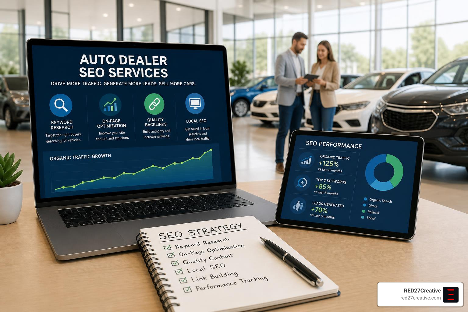 A modern car dealership showroom with digital kiosks and customers browsing vehicles A modern car dealership showroom with digital kiosks and customers browsing vehicles