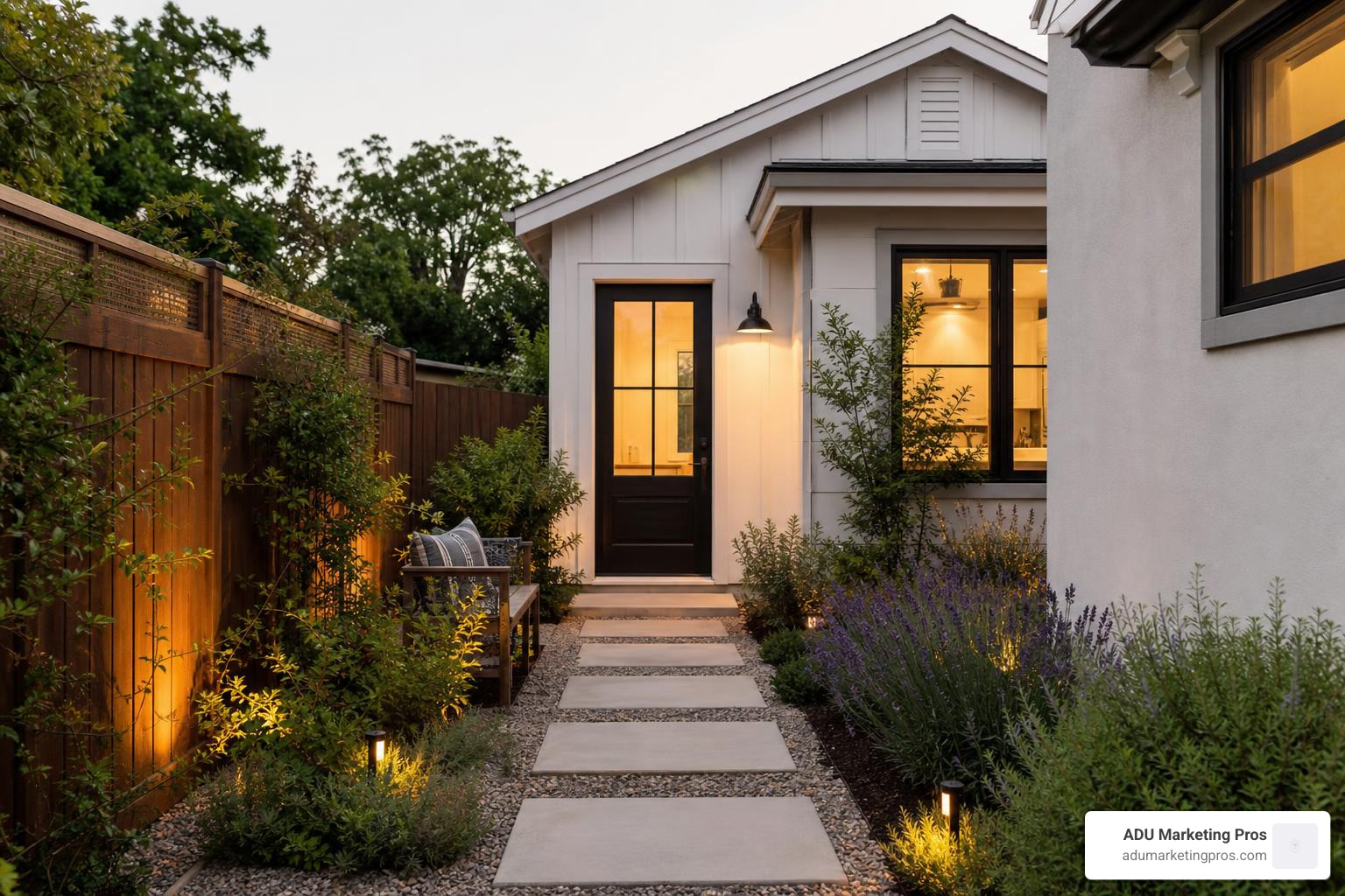 Beautifully designed attached granny flat entrance with a private pathway and landscaping