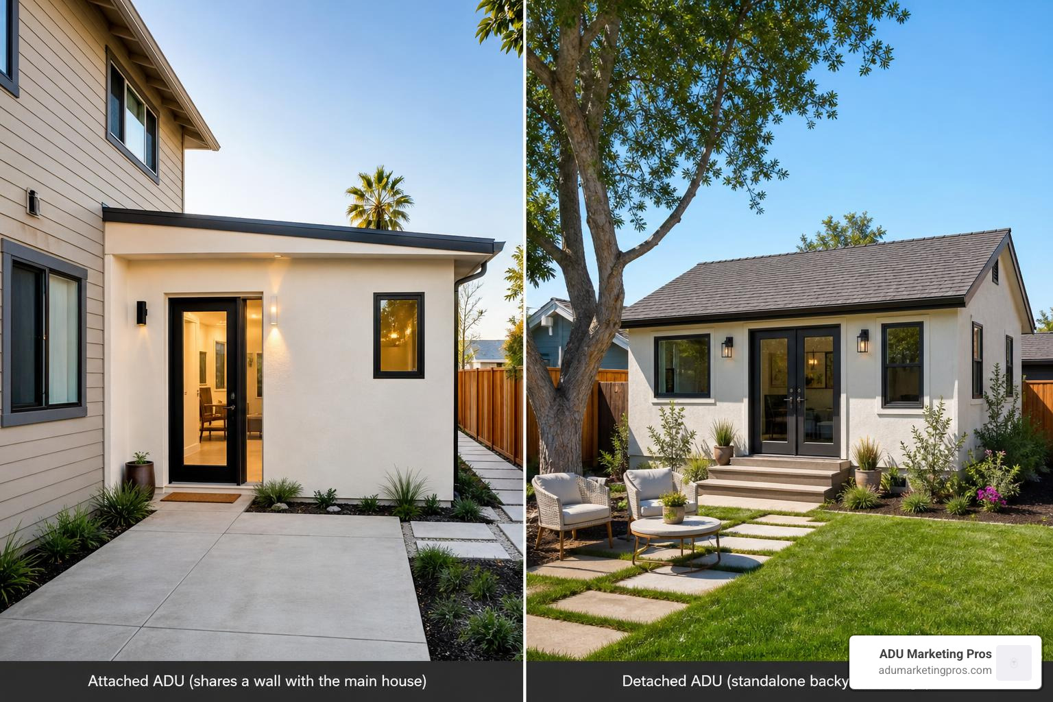 Side-by-side comparison of an attached home extension and a standalone backyard cottage