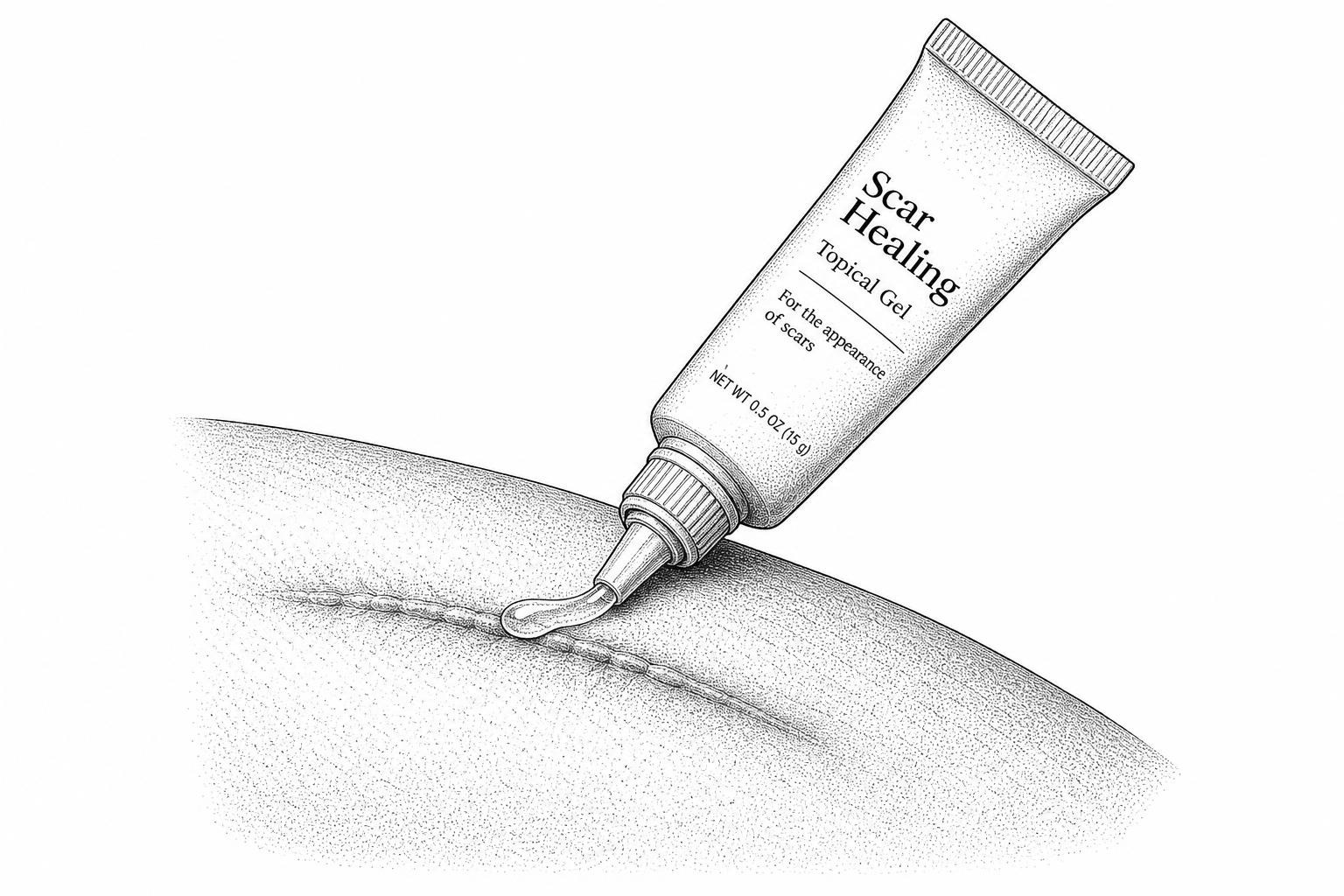A tube of topical gel being applied to a healing incision site on the skin A tube of topical gel being applied to a healing incision site on the skin