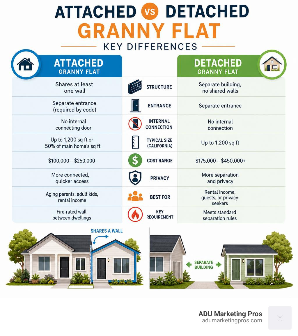 Key differences between attached and detached granny flat secondary dwellings infographic
