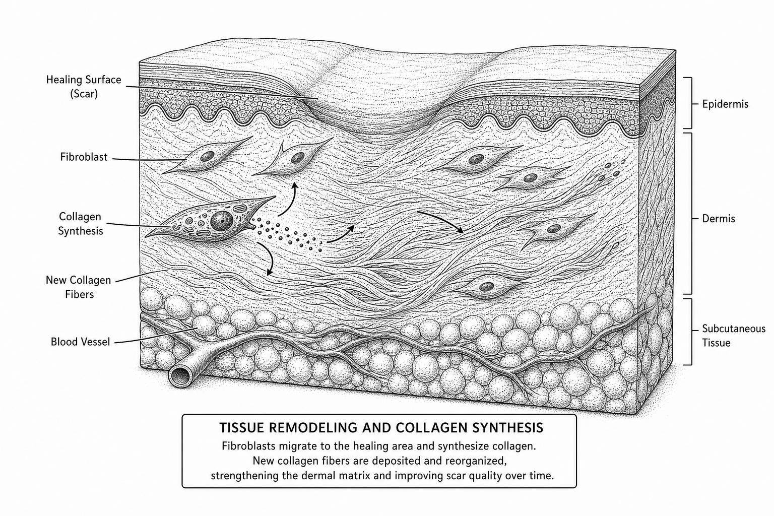 Dermal cross-section showing fibroblasts and collagen synthesis during tissue remodeling Dermal cross-section showing fibroblasts and collagen synthesis during tissue remodeling
