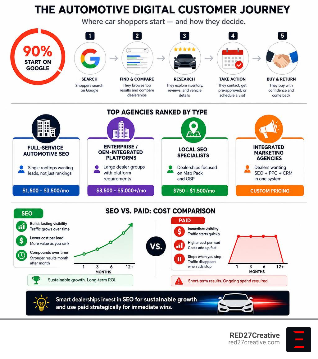 Infographic showing the automotive digital customer journey: 90% start on Google, top agencies ranked by type, and SEO vs Infographic showing the automotive digital customer journey: 90% start on Google, top agencies ranked by type, and SEO vs