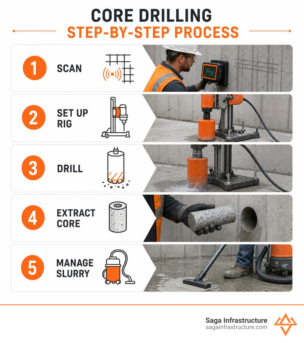 Step-by-step core drilling process infographic: scan, set up rig, drill, extract core, manage slurry infographic Step-by-step core drilling process infographic: scan, set up rig, drill, extract core, manage slurry infographic