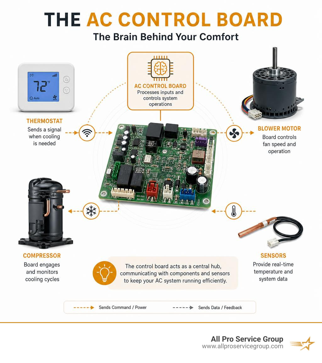 Infographic showing how an AC control board communicates with thermostat, blower motor, compressor, and sensors infographic