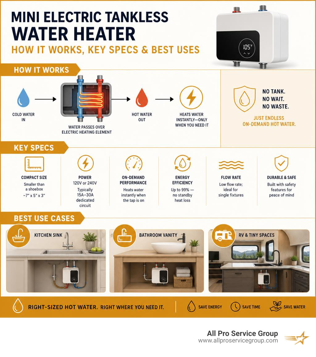 Infographic showing how a mini electric tankless water heater works, key specs, and best use cases infographic Infographic showing how a mini electric tankless water heater works, key specs, and best use cases infographic
