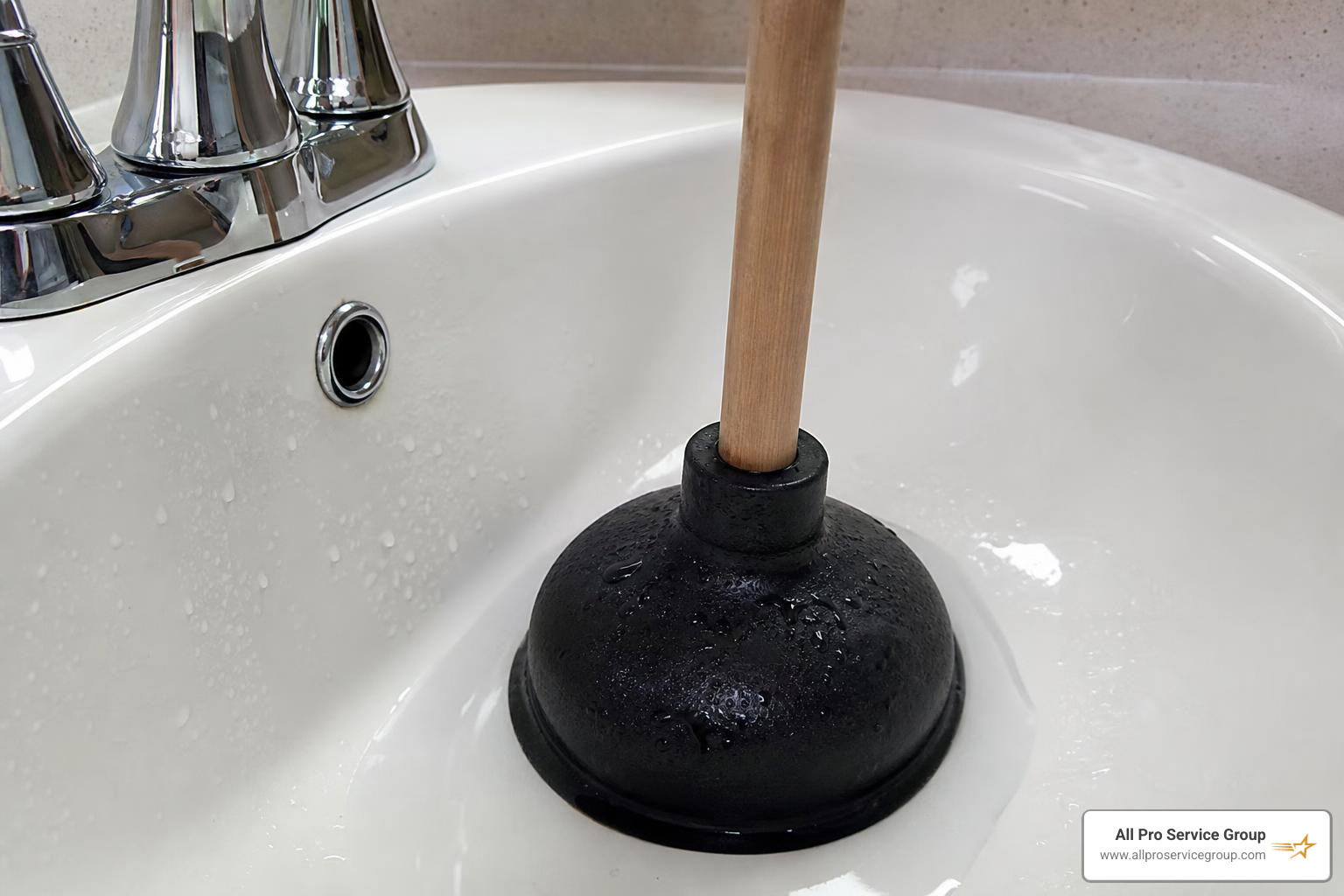 A plunger creating a tight seal over a drain opening