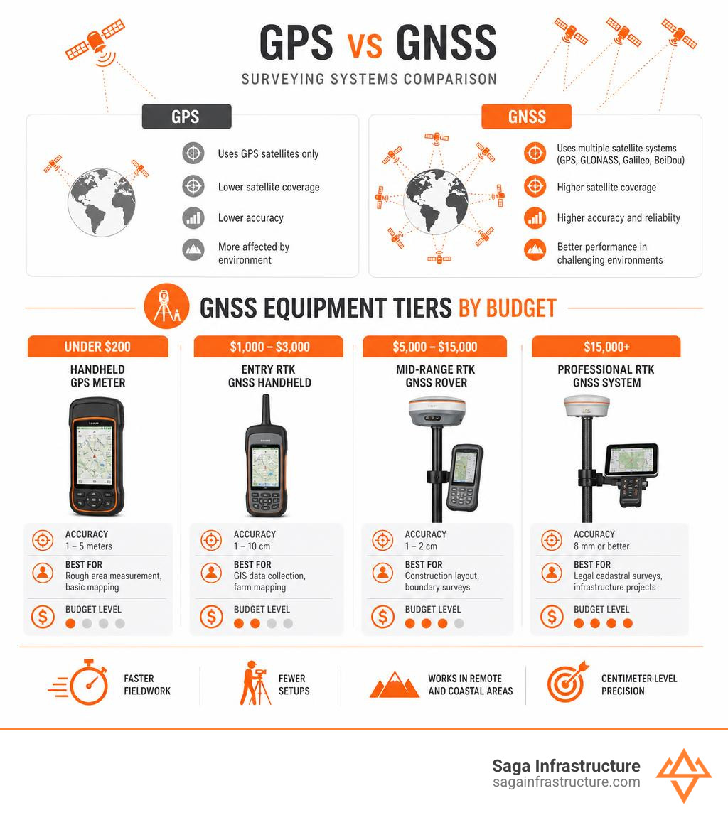 Infographic comparing GPS vs GNSS surveying systems, accuracy levels, and key equipment tiers by budget infographic