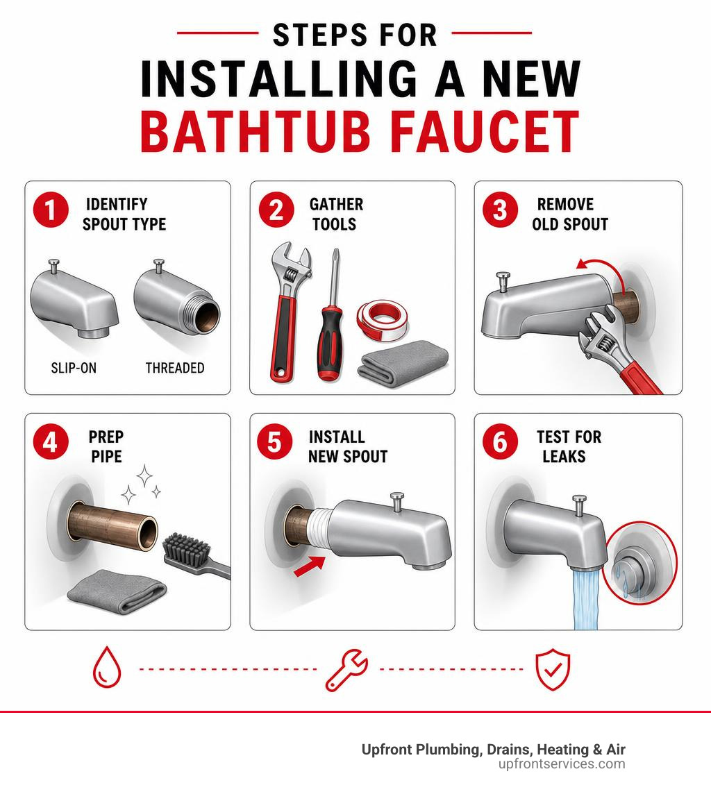 Steps for installing a new bathtub faucet: identify spout type, gather tools, remove old spout, prep pipe, install new