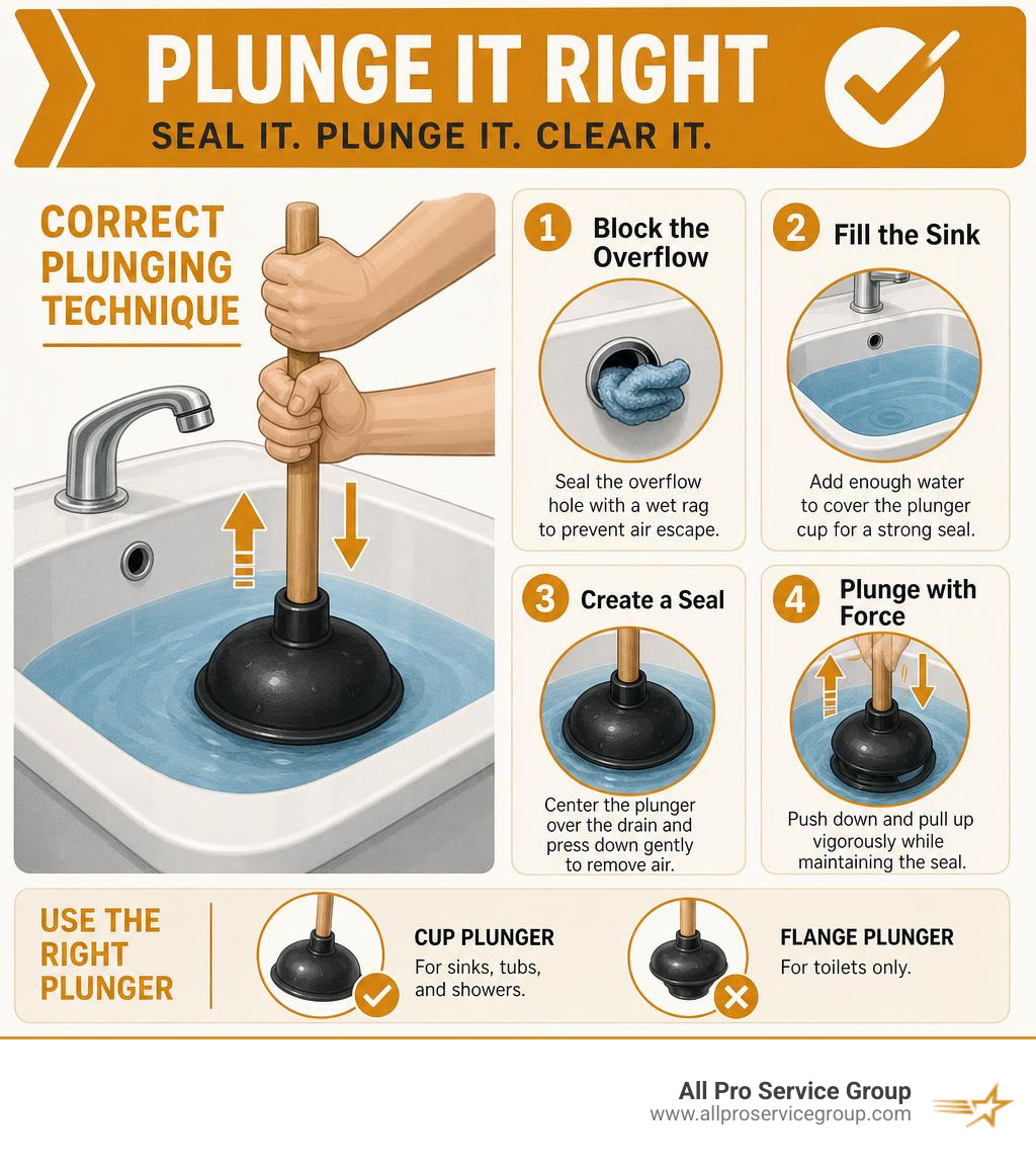 Infographic showing correct plunging technique with sealed overflow hole infographic