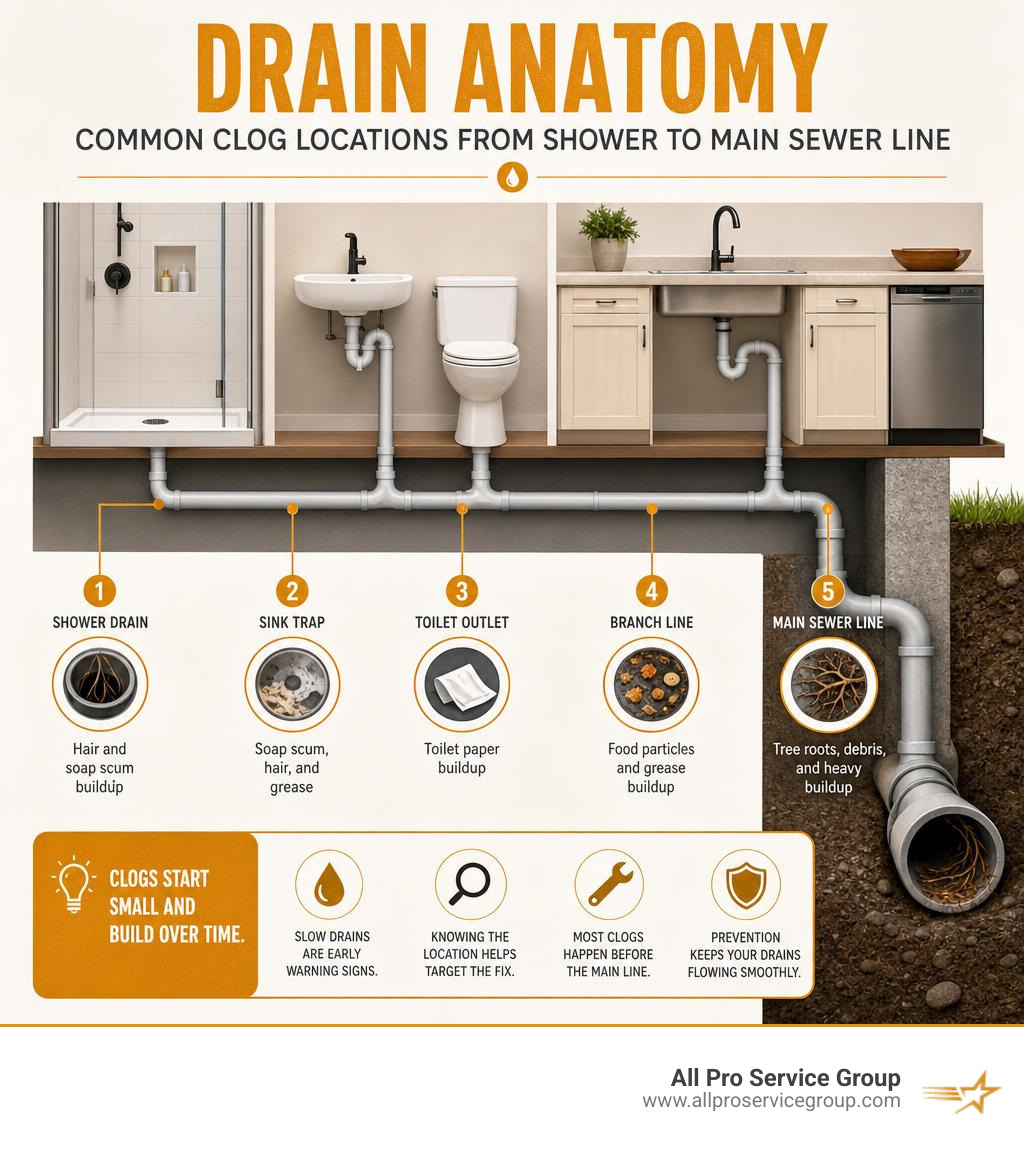 Drain anatomy infographic showing common clog locations from shower to main sewer line infographic