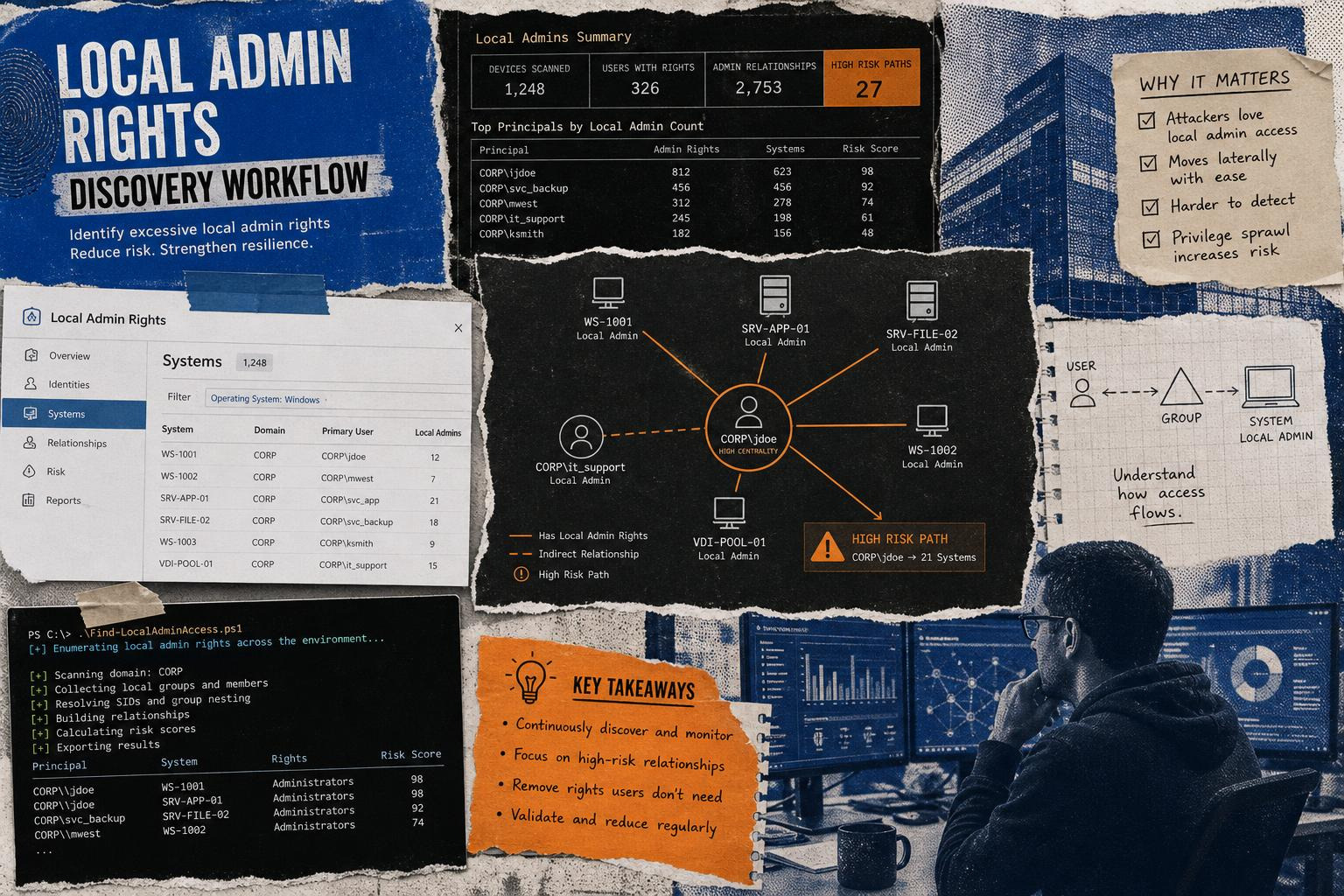 local admin discovery workflow diagram collage