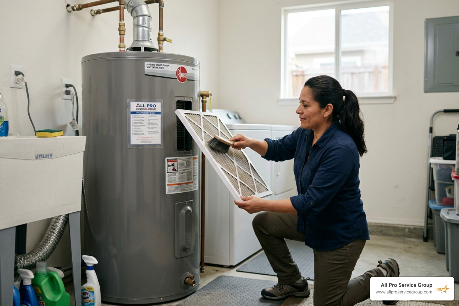 Homeowner cleaning the air filter on a heat pump water heater Homeowner cleaning the air filter on a heat pump water heater