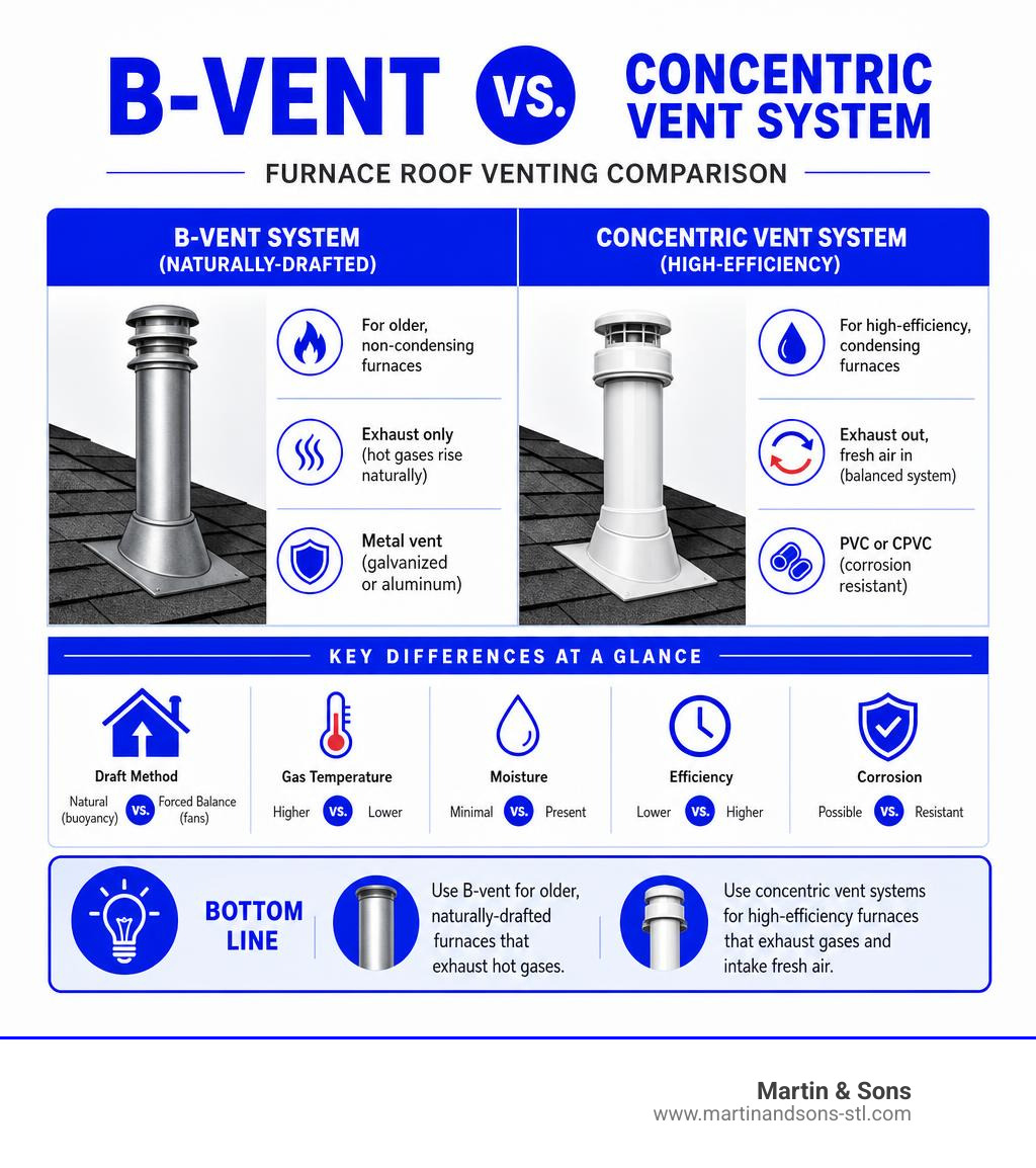B-vent vs concentric vent system comparison infographic for furnace roof venting infographic B-vent vs concentric vent system comparison infographic for furnace roof venting infographic