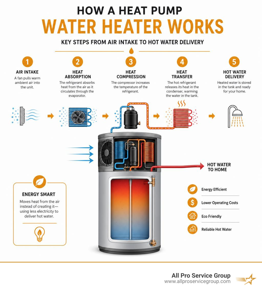 How a heat pump water heater works: key steps from air intake to hot water delivery infographic How a heat pump water heater works: key steps from air intake to hot water delivery infographic