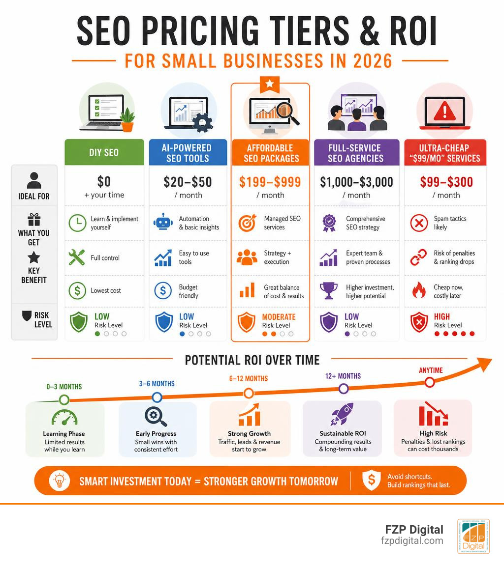 Infographic comparing SEO pricing tiers and ROI for small businesses in 2026 infographic Infographic comparing SEO pricing tiers and ROI for small businesses in 2026 infographic