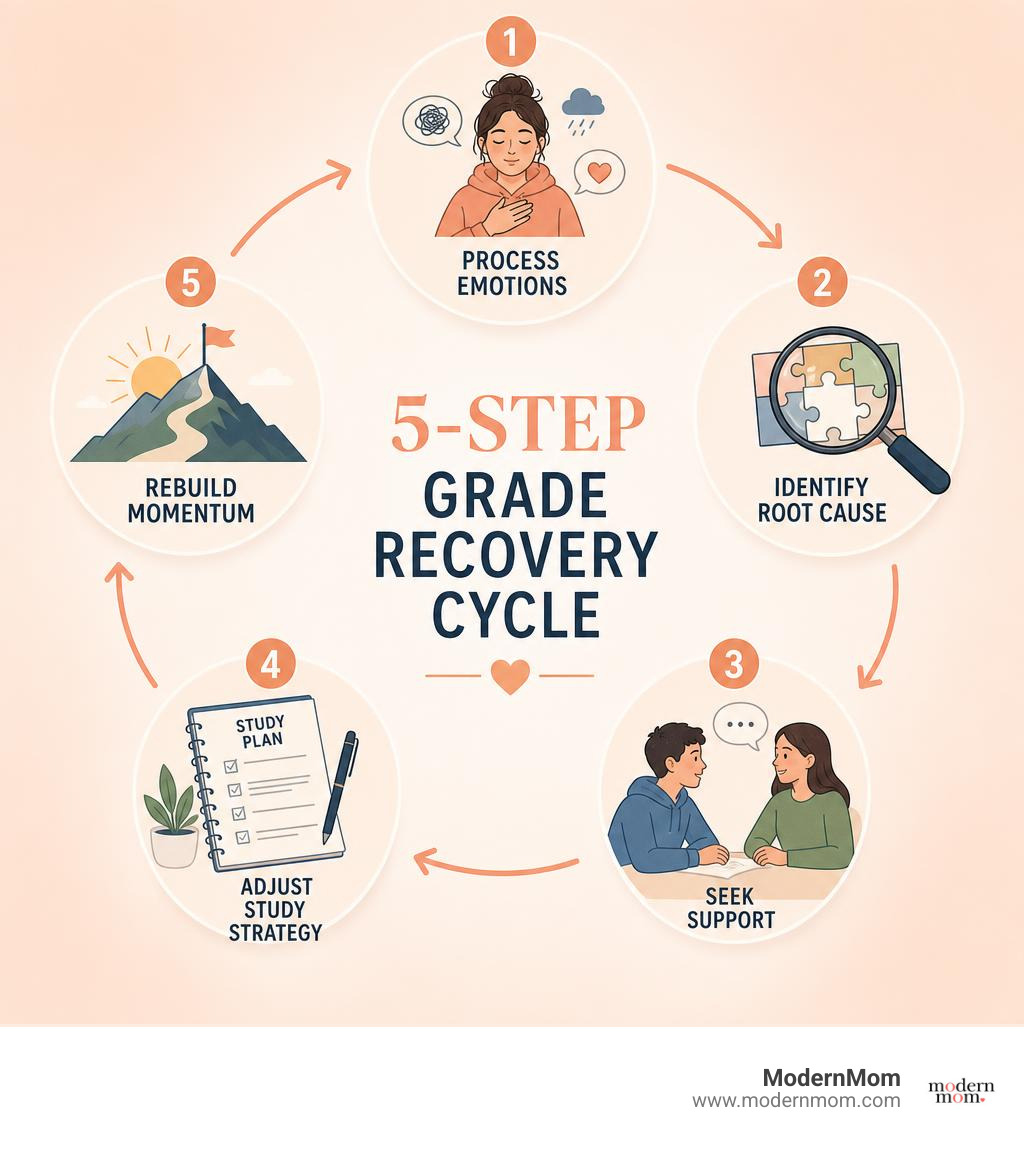 5-step grade recovery cycle: process emotions, identify root cause, seek support, adjust study strategy, rebuild momentum 5-step grade recovery cycle: process emotions, identify root cause, seek support, adjust study strategy, rebuild momentum