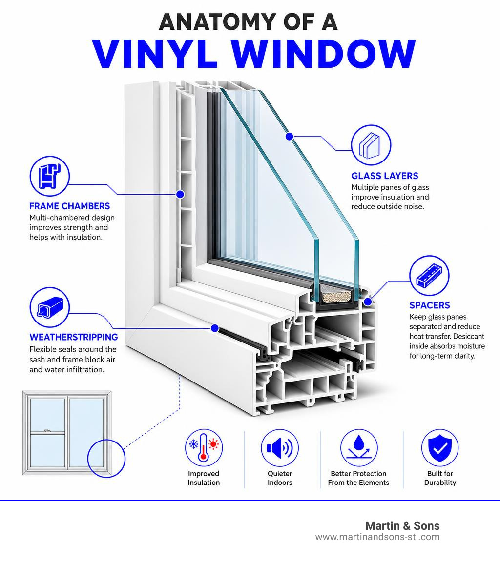 Anatomy of a vinyl window showing frame chambers, glass layers, spacers, and weatherstripping infographic Anatomy of a vinyl window showing frame chambers, glass layers, spacers, and weatherstripping infographic