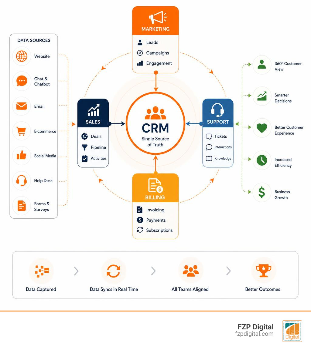 Infographic showing how data flows through an integrated CRM system connecting marketing, sales, support, and billing Infographic showing how data flows through an integrated CRM system connecting marketing, sales, support, and billing