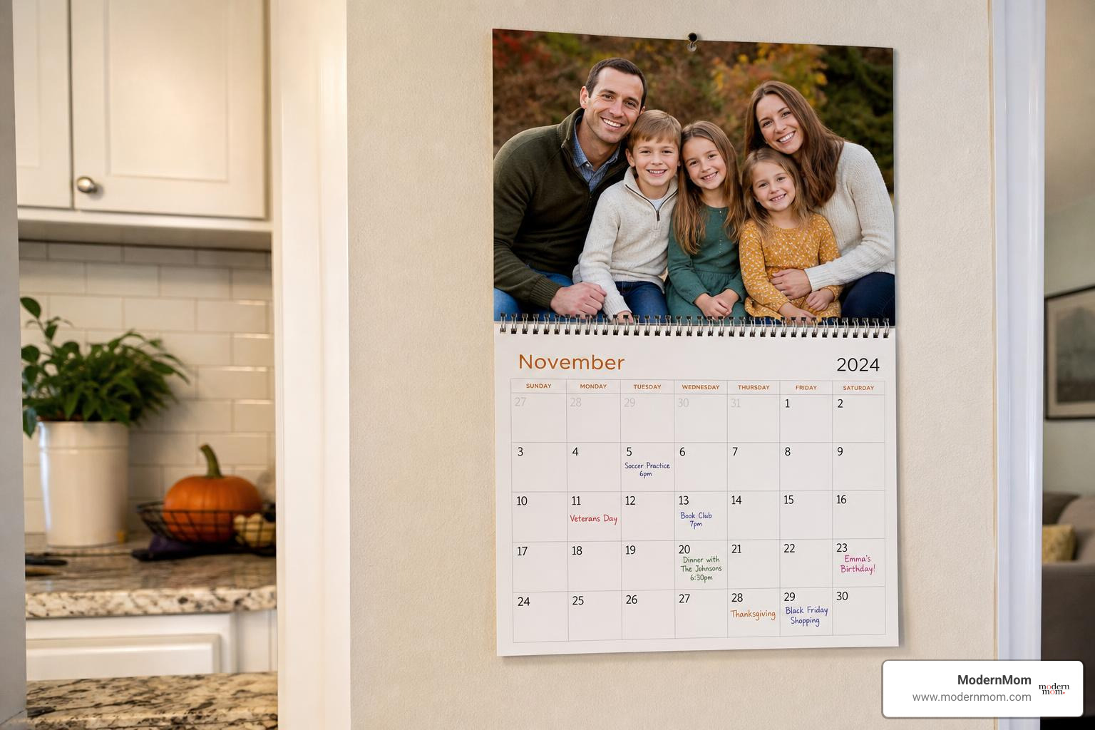 family calendar on kitchen wall