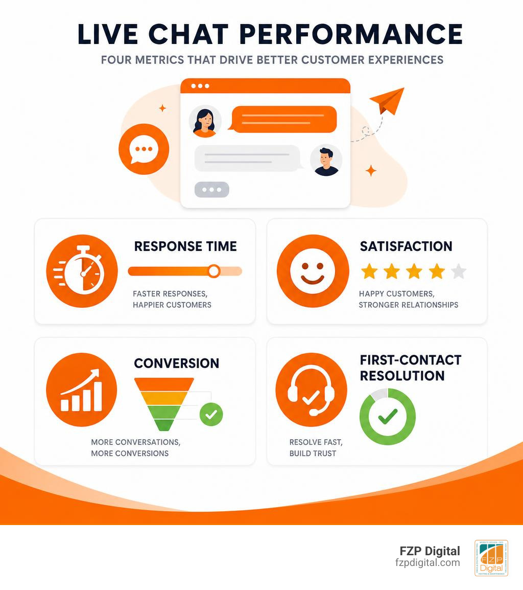 Live chat performance infographic showing response time, satisfaction, conversion, and first-contact resolution infographic Live chat performance infographic showing response time, satisfaction, conversion, and first-contact resolution infographic