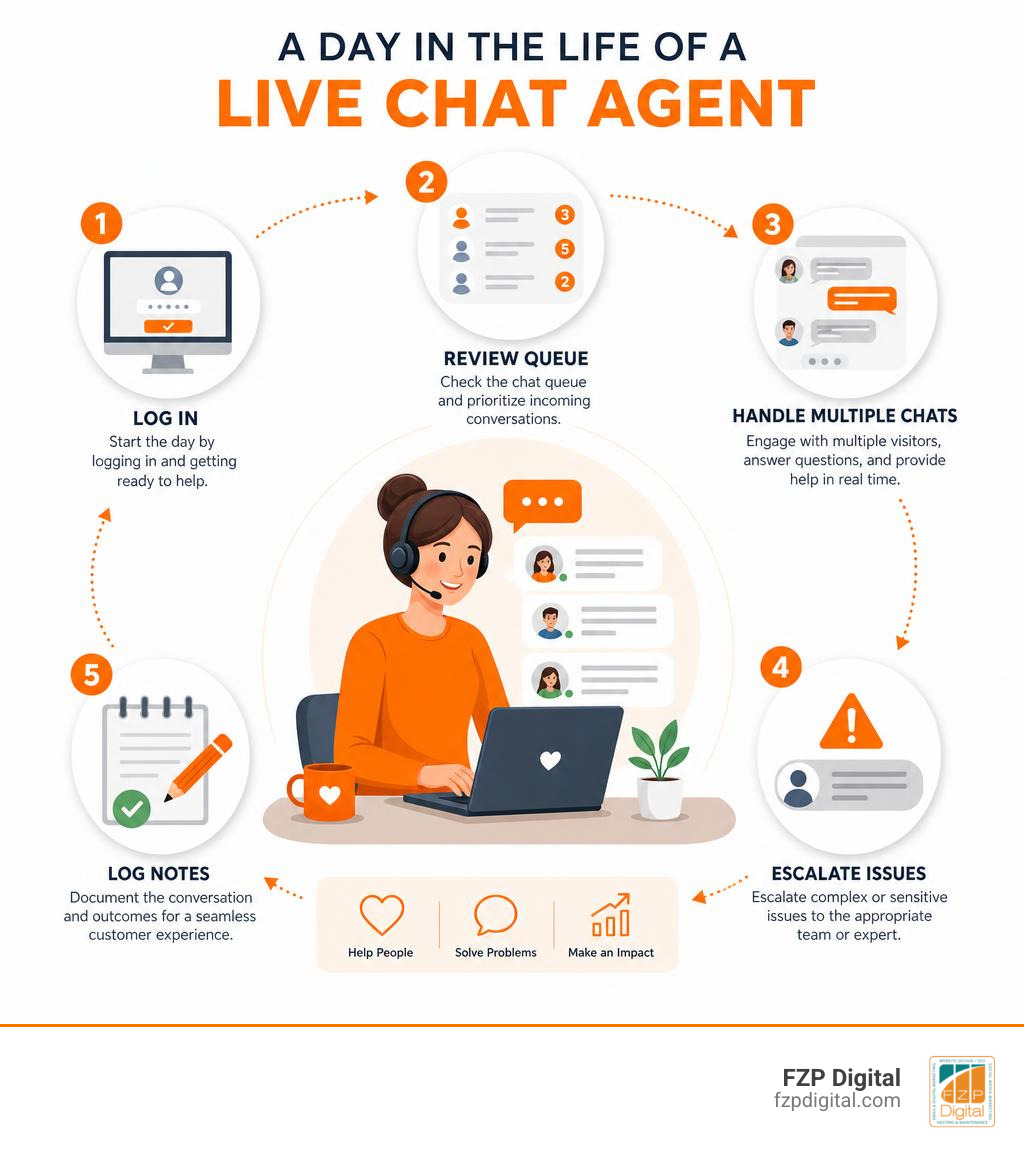 Infographic showing the daily workflow of a live chat agent: logging in, reviewing queue, handling multiple chats Infographic showing the daily workflow of a live chat agent: logging in, reviewing queue, handling multiple chats