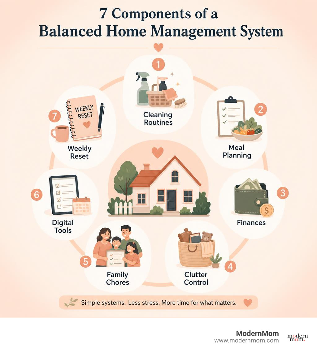 Infographic showing the 7 components of a balanced home management system: cleaning routines, meal planning, finances