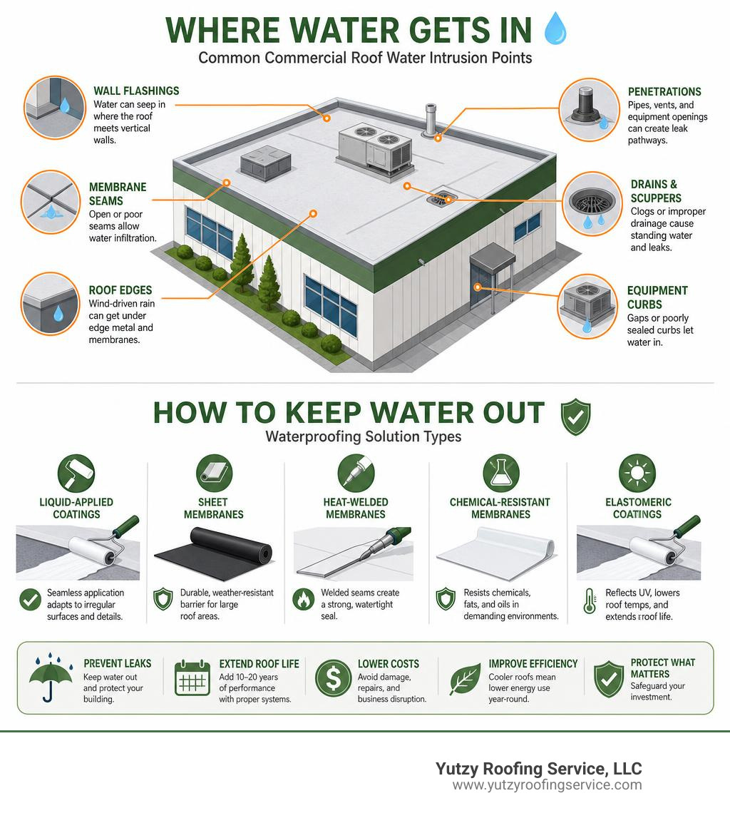infographic showing common commercial roof water intrusion points and waterproofing solution types infographic infographic showing common commercial roof water intrusion points and waterproofing solution types infographic