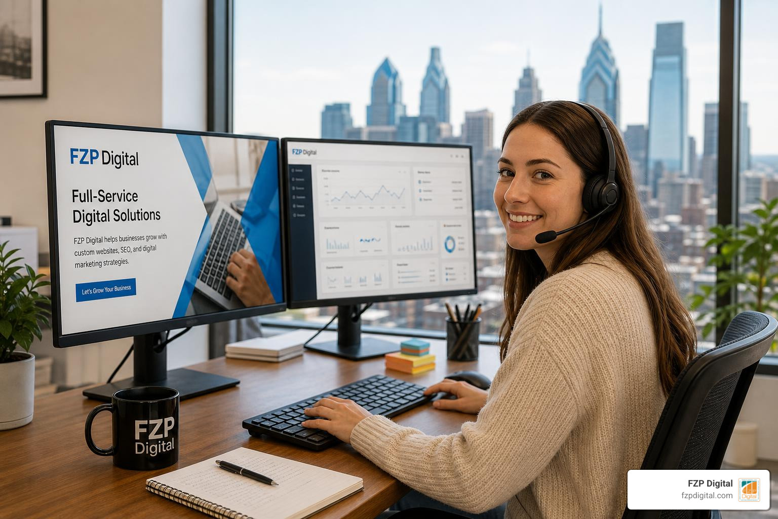 support professional multitasking on dual monitors with FZP Digital logo and Philadelphia skyline support professional multitasking on dual monitors with FZP Digital logo and Philadelphia skyline