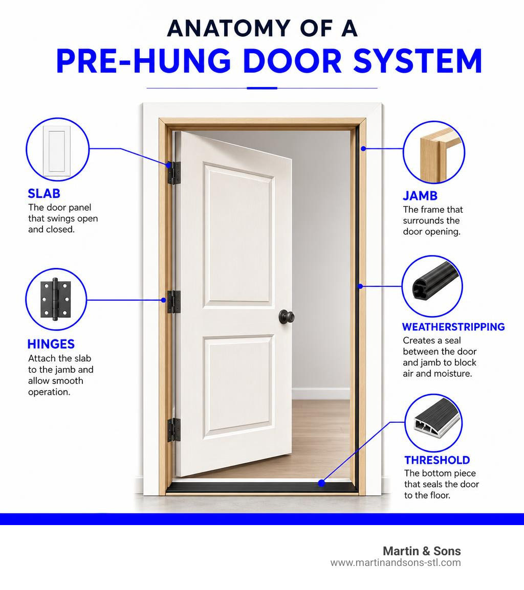 Anatomy of a pre-hung door system showing slab, jamb, hinges, threshold, and weatherstripping infographic Anatomy of a pre-hung door system showing slab, jamb, hinges, threshold, and weatherstripping infographic