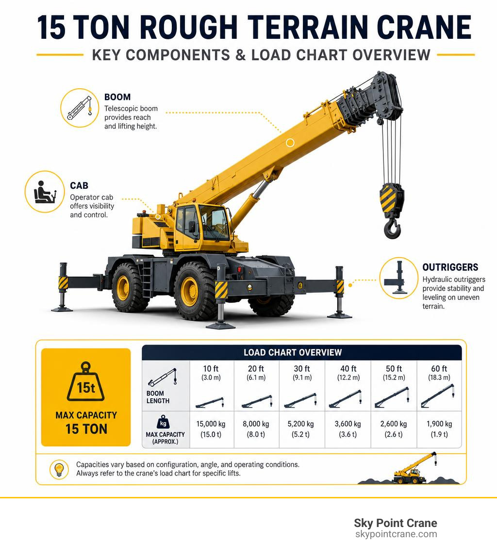 Infographic showing 15 ton rough terrain crane components: boom, outriggers, cab, and load chart overview infographic
