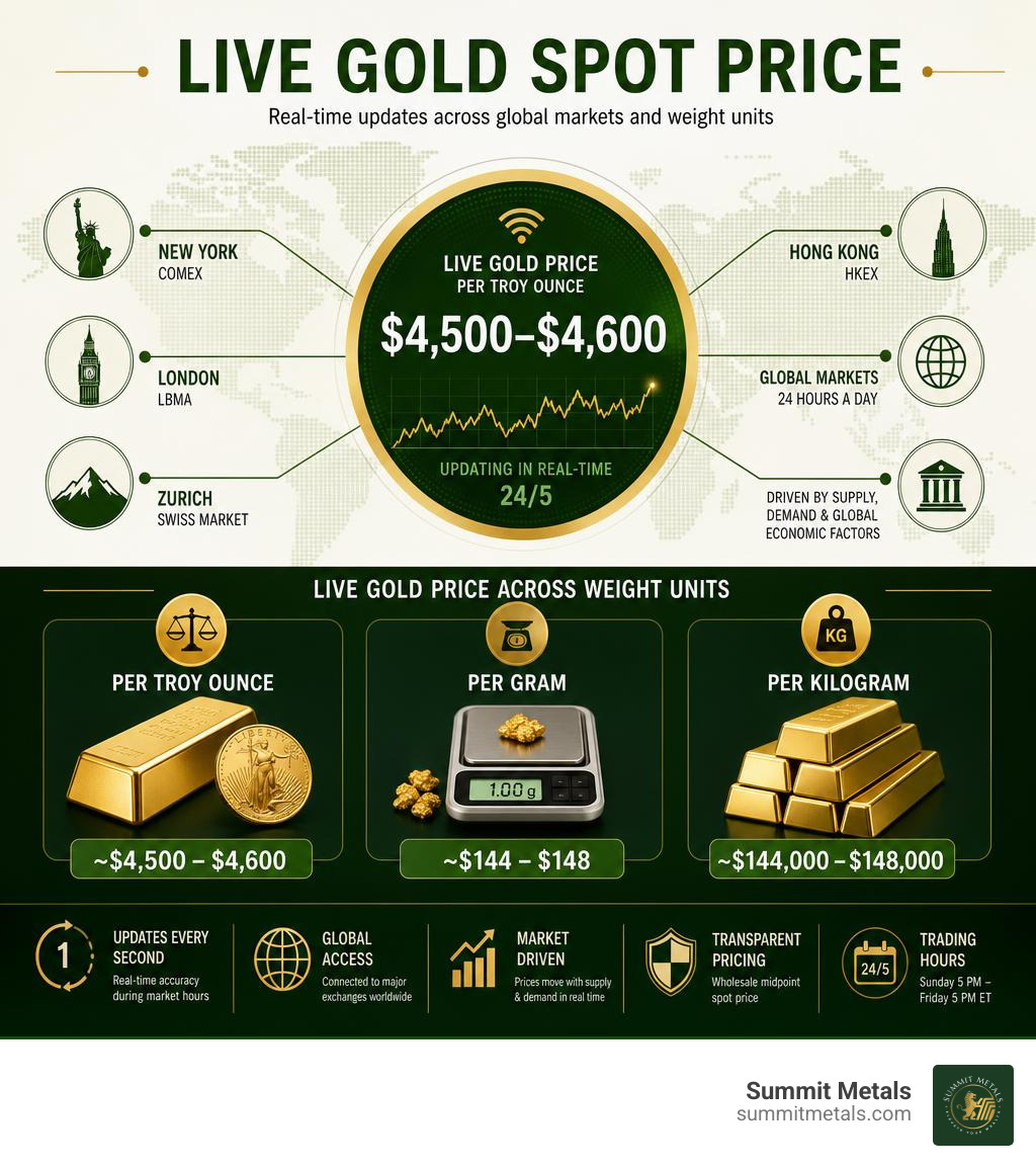 Infographic showing how the live gold spot price updates in real-time across global markets and weight units infographic