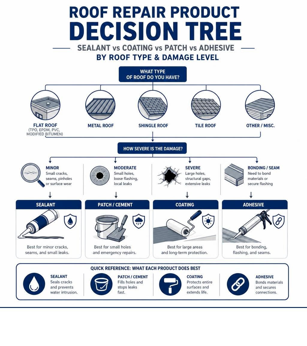 Roof repair product decision tree: sealant vs coating vs patch vs adhesive by roof type and damage level infographic