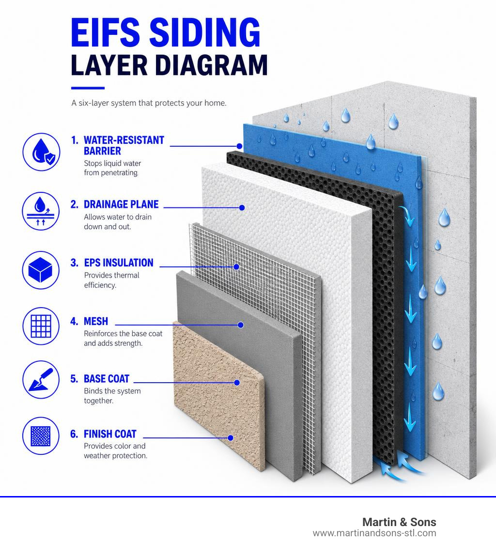 EIFS siding layer diagram showing water-resistant barrier, drainage plane, EPS insulation, mesh, base coat, and finish coat EIFS siding layer diagram showing water-resistant barrier, drainage plane, EPS insulation, mesh, base coat, and finish coat