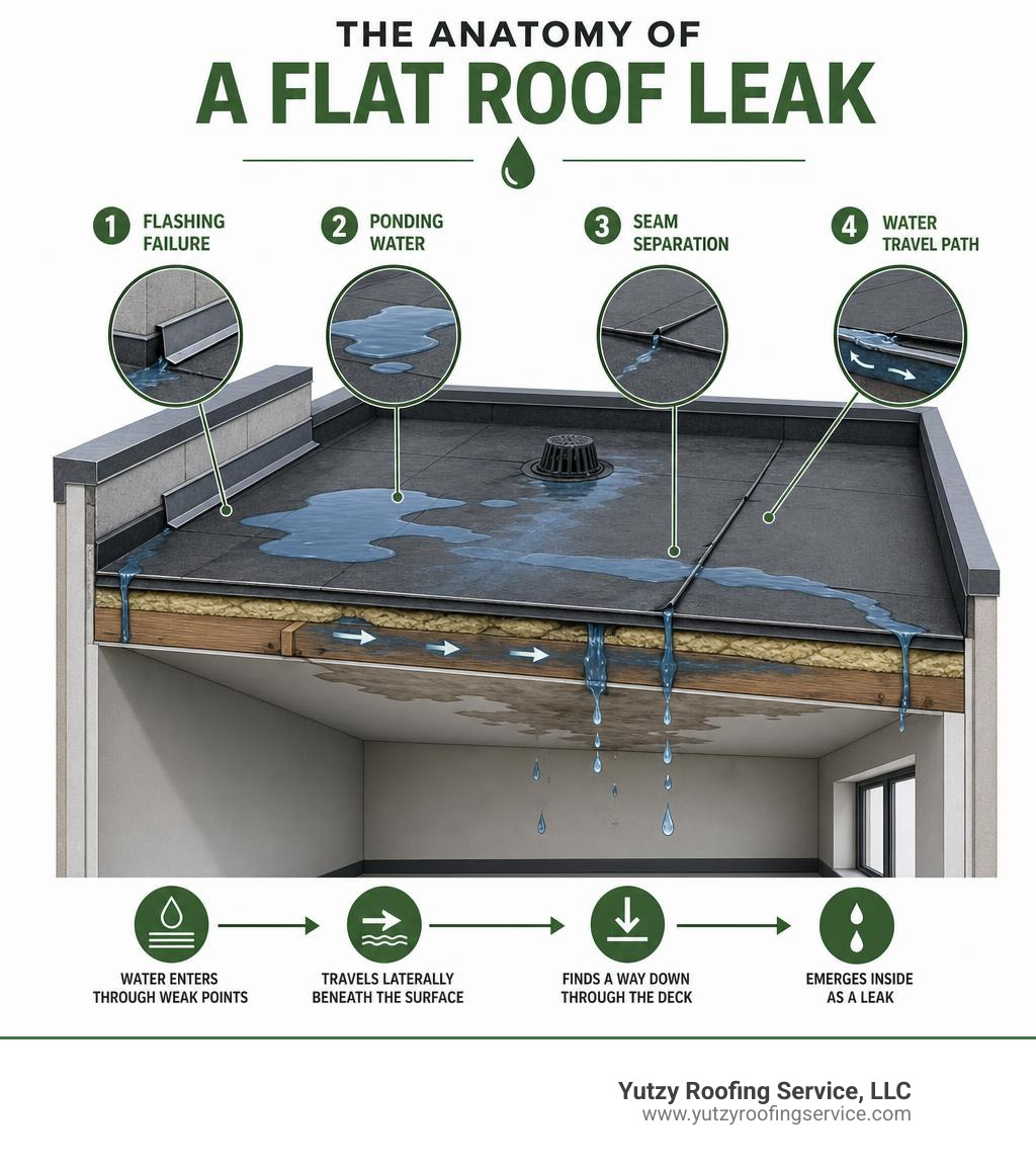 infographic showing anatomy of a flat roof leak including flashing failure, ponding water, seam separation, and water travel infographic showing anatomy of a flat roof leak including flashing failure, ponding water, seam separation, and water travel